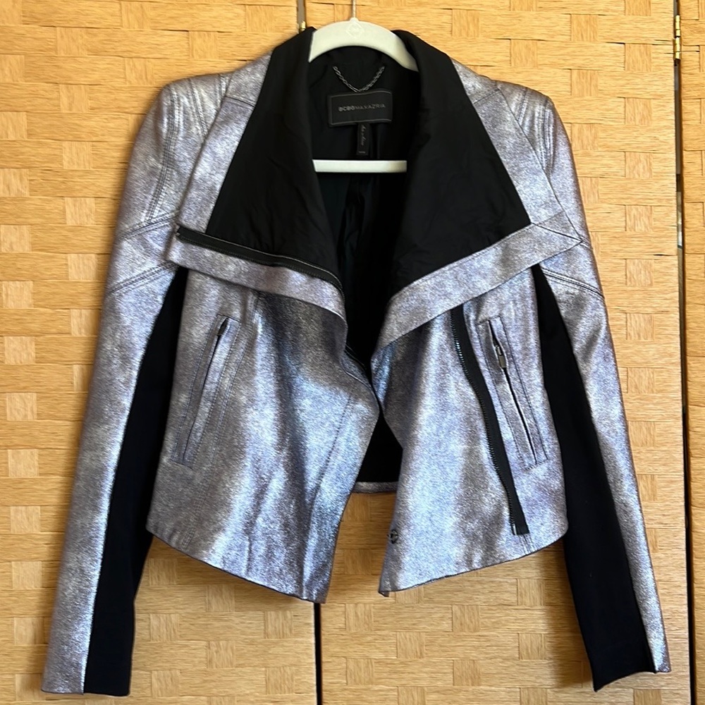 BCBGMaxAzria Silver Orson Metallic Moto Jacket XXS